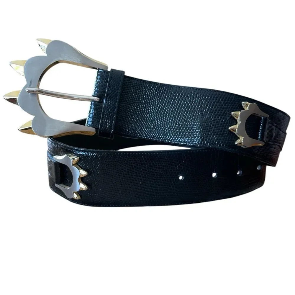 Bon Soir Made In France Belt Black with Large Silver and Gold Claw Buckle Large